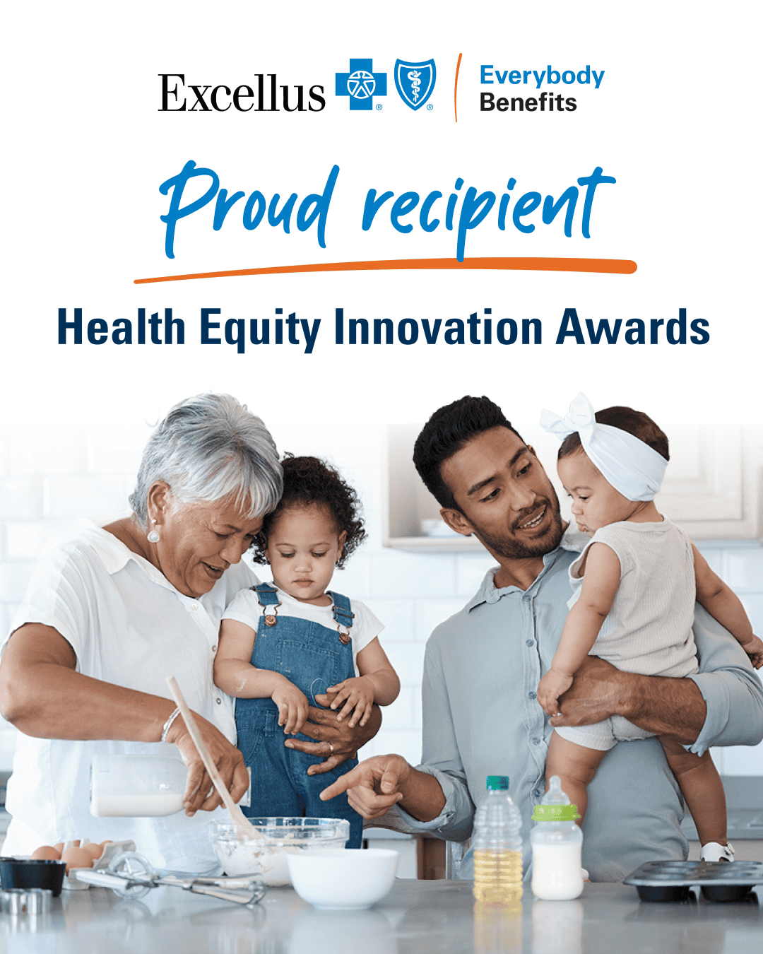 Family cooking together, Health Equity Innovation Award graphic